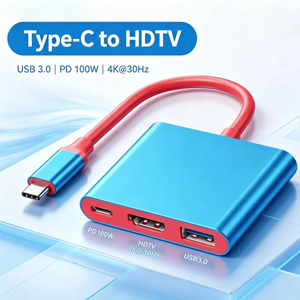 3 in 1 TYPE-C Hub with HDTV and USB 3.0 Port USB-C to HDMI-Compatible 4k 30hz 4K60Hz Adapter PD 100W for Switch TV