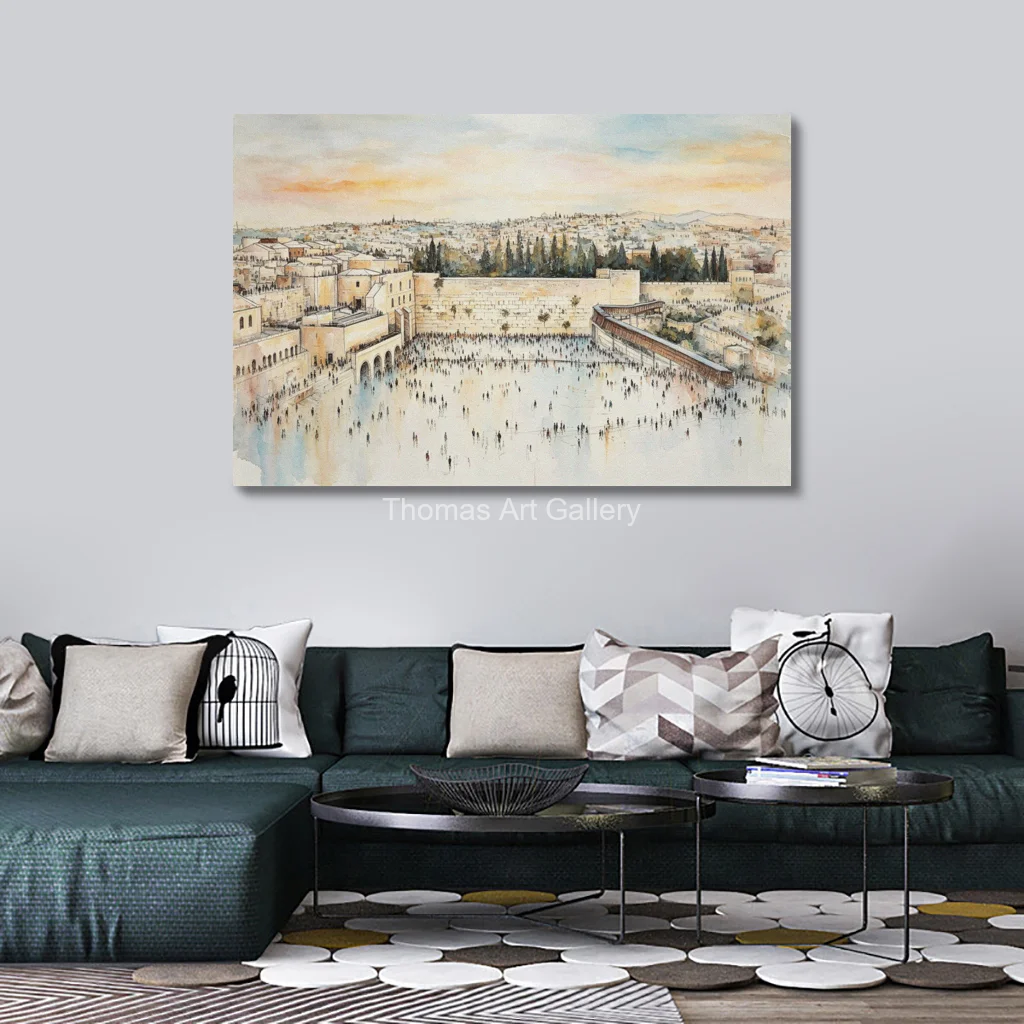 Panoramic Jerusalem Kotel Golden Sunset Canvas Print HD Old City Skyline Scene Jewish Home Decor for Large Living Room Judaica