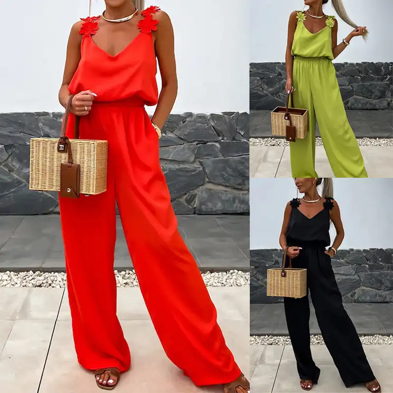 

Women's Casual Jumpsuit Sleeveless Solid Color Wide Leg Slip Jumpsuit Dressy Romper Long Pants Outfits With Pocket