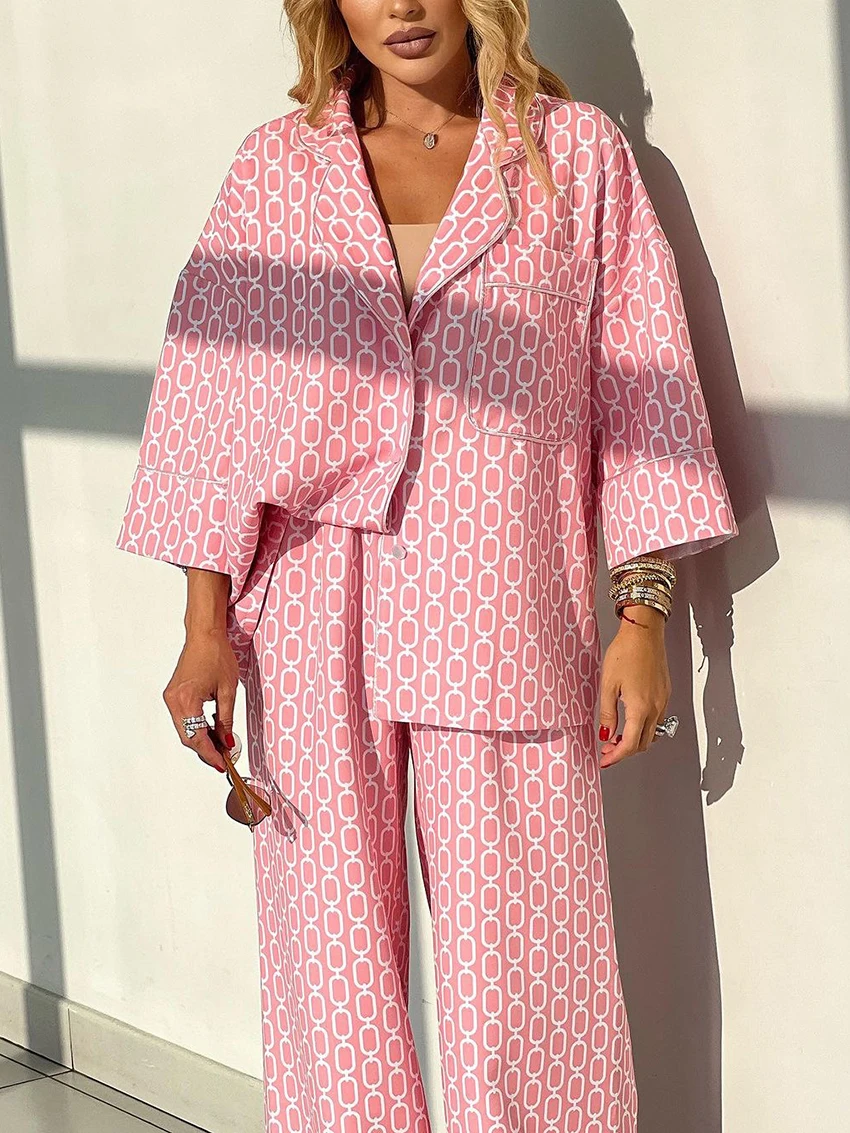 Marthaqiqi Fashion Printing Female Nightwear Suit Sexy Turn-Down Collar Nightgowns Long Sleeve Pajamas Pants Women Sleepwear Set