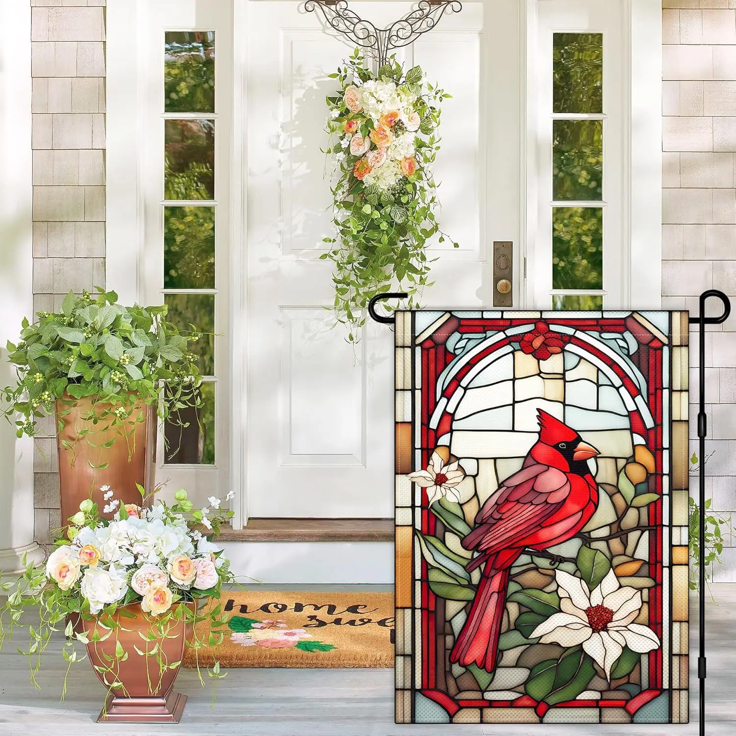 Cardinal Garden Flag for Outside 12×18 Inch Double Sided Spring Summer Flowers Garden Flags with Red Bird Glass Style for Ya WWP