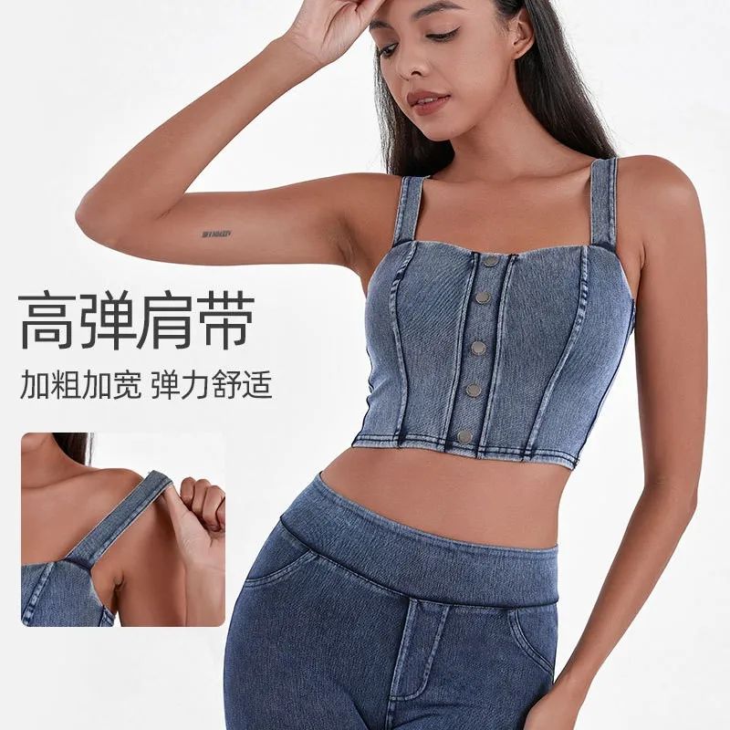 Women Summer Tank Top Solid Color Vest Crop Length Sleeveless Top U Neck Wide Strap Athletic Tank Removable Pad 3d Seaming
