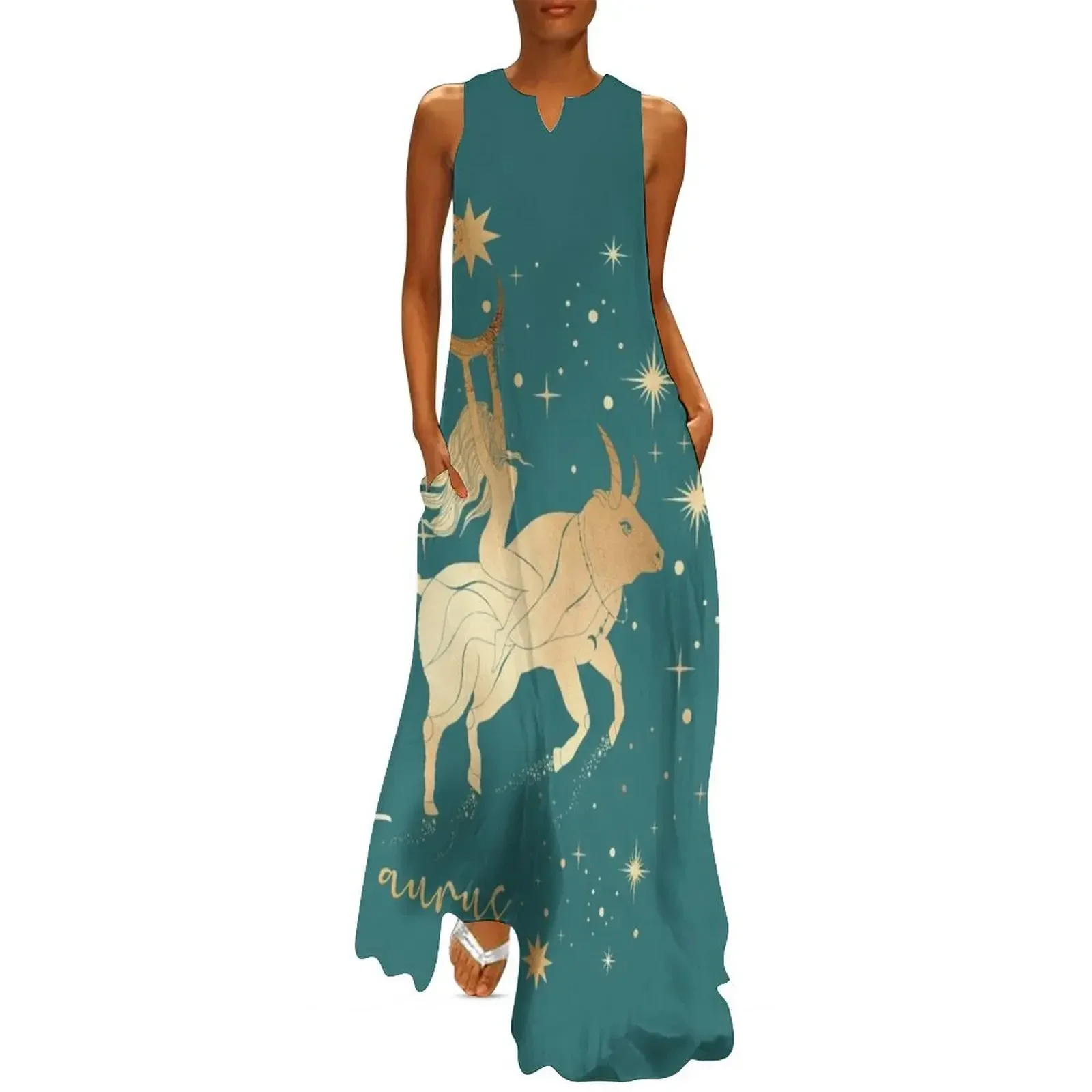 

Taurus Astrological Sign Woman Riding a Bull in the Stars - Teal / Turquoise Long Dress dress summer Dress
