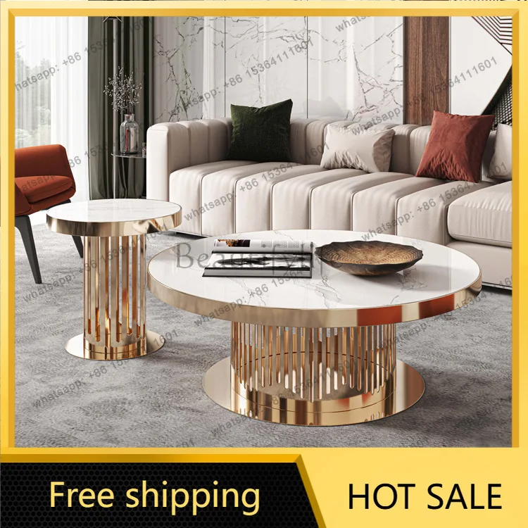 LS light luxury rock slab round coffee table modern simple creative designer stainless steel size round combination