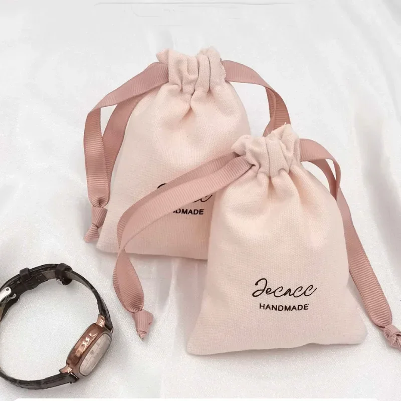 

Jewelry Gifts Drawstring Bags Pink Custom Logo Canvas Wedding Favor Makeup Candy Packaging Storage Pouches Entrepreneurship Bag