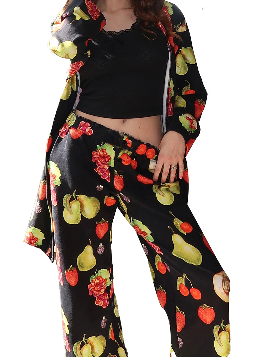 Dames 2 Delige Weekend Pyjama Set Lange Mouw Fruit Cartoon Print Gewaad Broek Set Loungewear