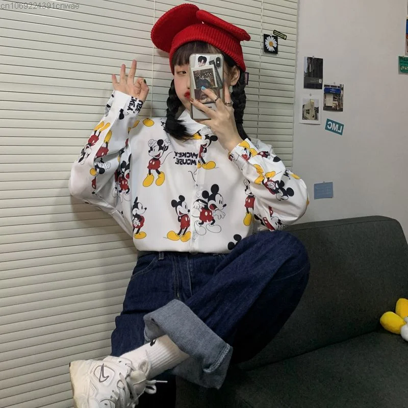 Disney Mickey Mouse New Print Korean Style Long Sleeved Shirt Fashion 2000s Youthful Woman Clothes Hip Hop Y 2k Emo Blouse Girls