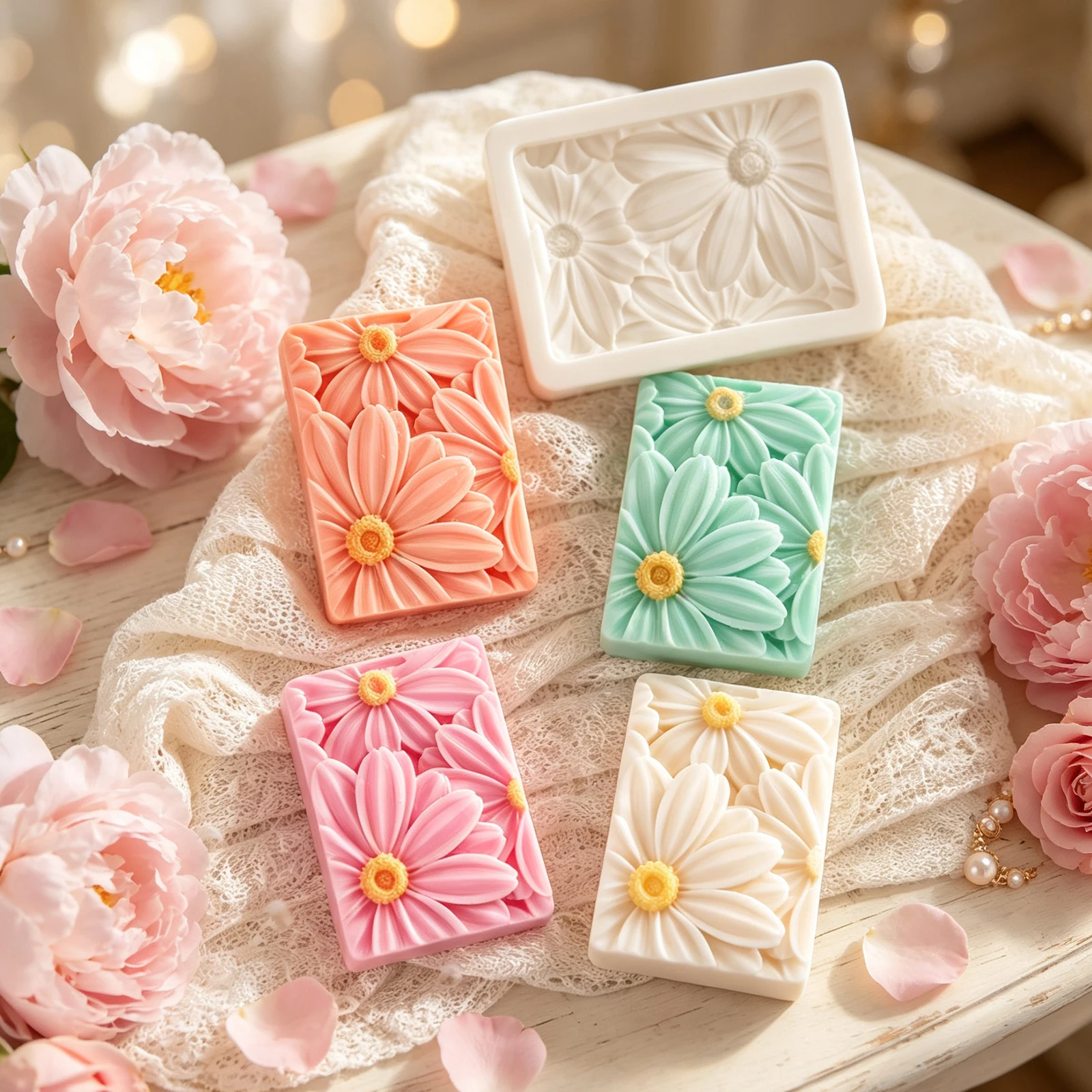 Rechteckige Gänseblümchen-Blumen-Silikonform für Seife, DIY Handgemachte Seife Aromatherapie-Kerze Gips-Harz-Gießform Heim-Deko