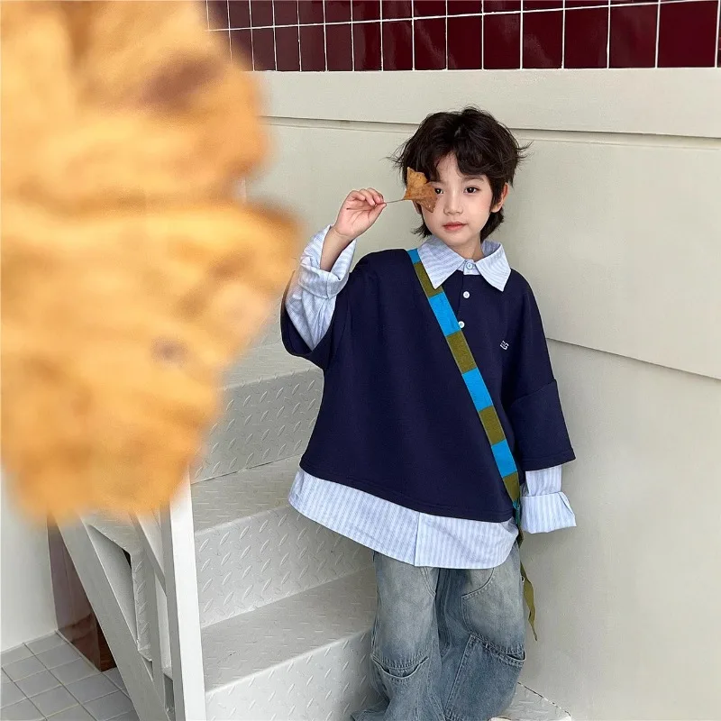 

Boys T-shirts 2025 Autumn Fake Two-Piece Sweatshirt Trendy Korean Style Collar Long-Sleeved Darkblue Striped Top