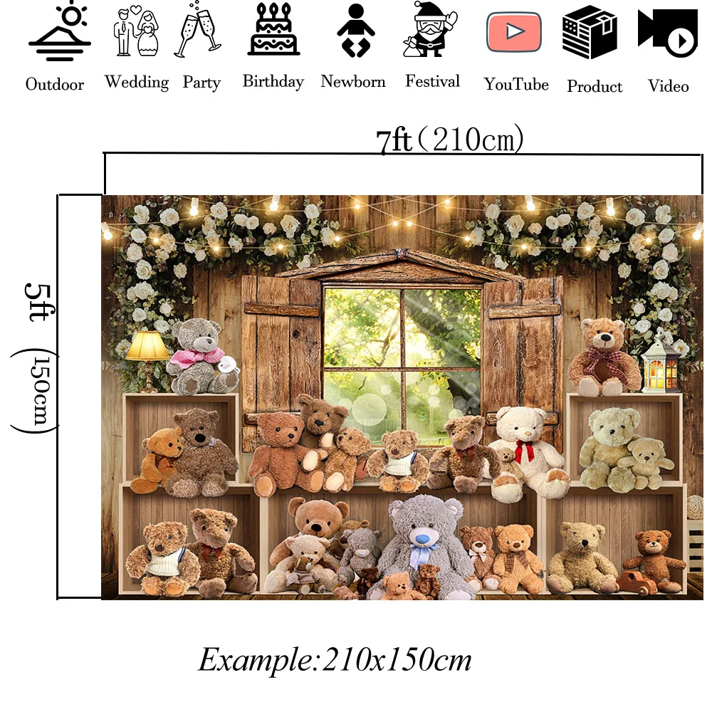 Moclicka mainan bayi beruang, Kit Studio potret anak latar belakang dekorasi rumah kayu latar belakang musim semi hijau