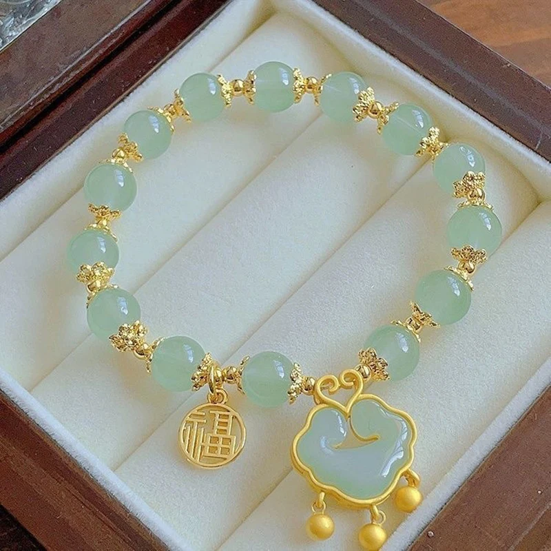 Women Fashion Lucky Bracelet Imitation Hetian Jade Lotus Elegant Temperament Beaded Bracelet Jewelry Gift