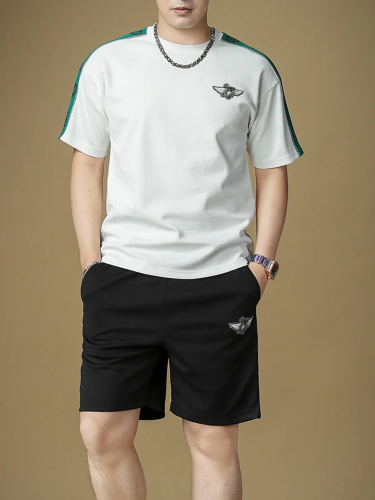 

Summer Casual Sports Set Men's ort Sve T-irt orts Two-Piece Set Youth Polyester Spandex Elastic Fiber Clothing