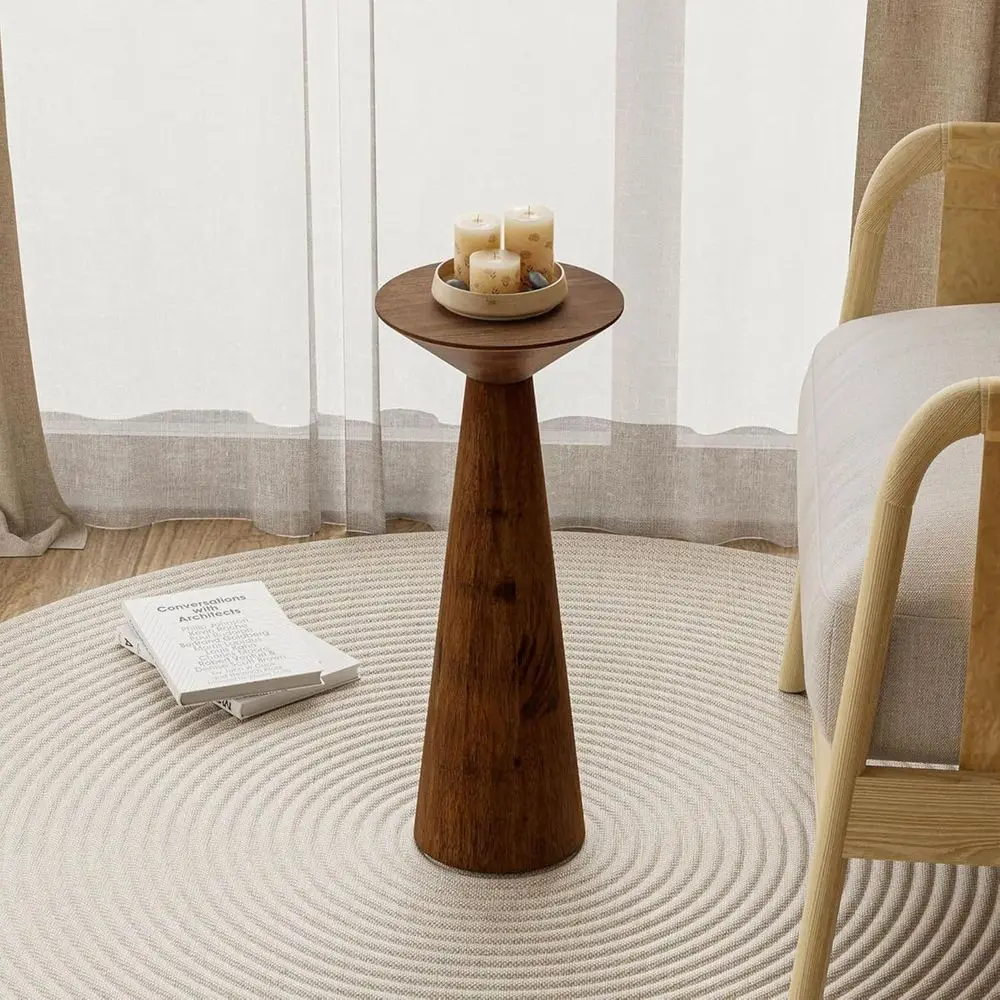 22.8” Tall Round i End Table, Walnut – Solid Pine Wood Pedestal Accent Drink Stand with Tapered Base – armhouse ern urniture or