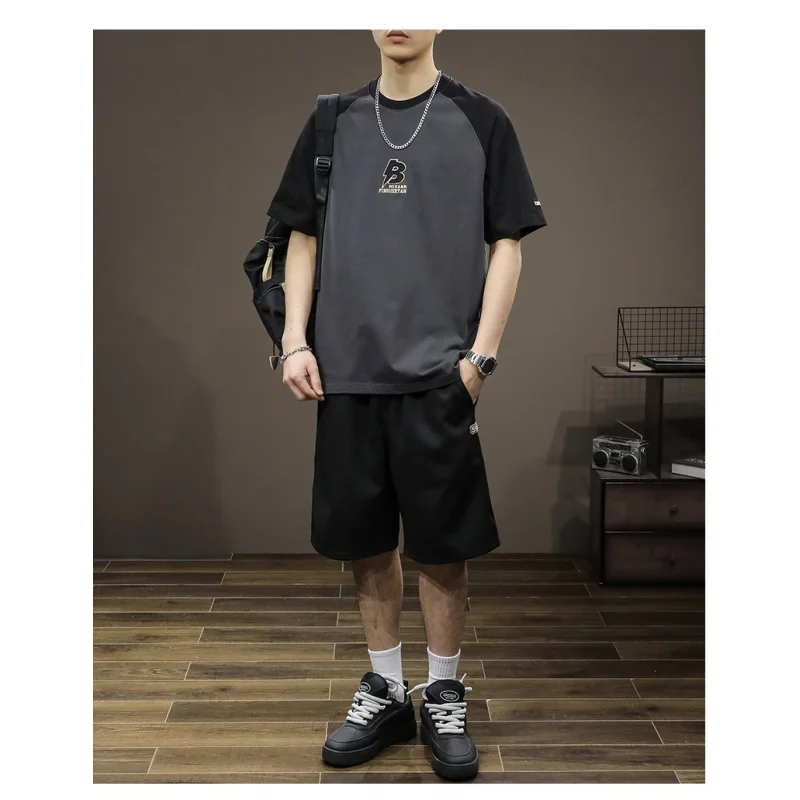 Men's round neck short sleeved T-shirt fashionable summer trend men's loose casual versatile youth top