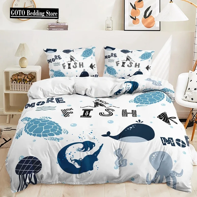 

Print Fish,Dolphins, Sharks,Turtles Quilt Cover Set for Queen, Light Blue Aquatic Shark Jellyfish Comforter Cover Bedding Sets