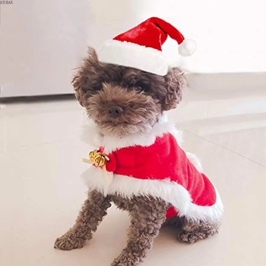 ATUBAN Pet Christmas Costume Cat Santa Outfit Small Dog Xmas Hat with Cloak Set Cat New Year Apparel Cat Costumes