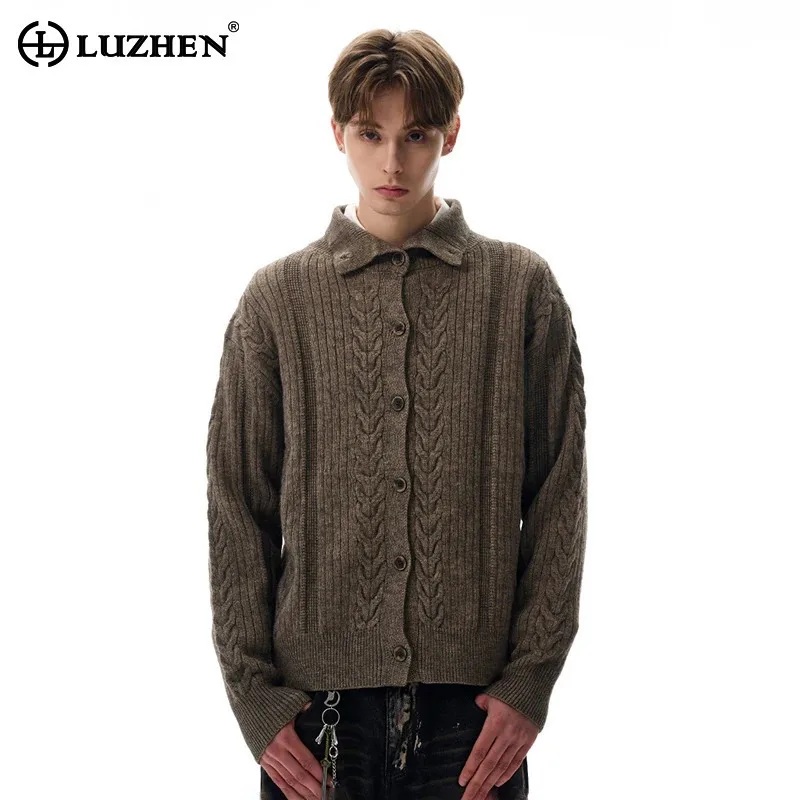 

LUZHEN модные вязаные рубашки на пуговицах с воротником-стойкой, мужские осенне-зимние новинки 202, однотонный красивый свитер высокого качества JY4256