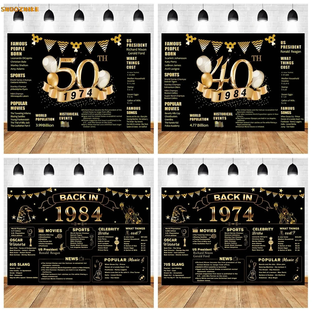 Back in 1974 1984 Photography Backdrop Black Gold 40th 50th Birthday Party Decor Banner for Women Men Background Photo Studio