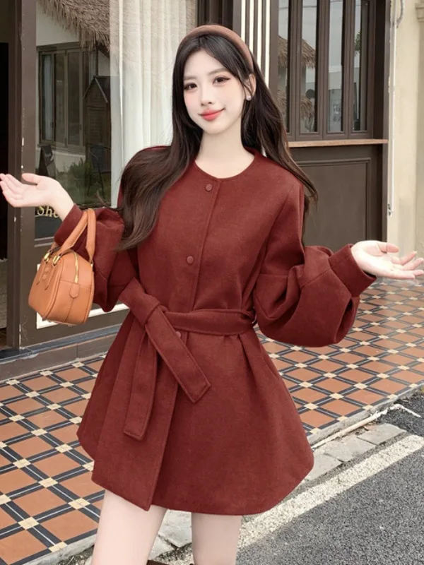 Women's Woolen Coat Mid-Length Waist-Cinching Cotton Lined Outerwear Korean Style Long Sleeve round Neck Daily Wear plus Size