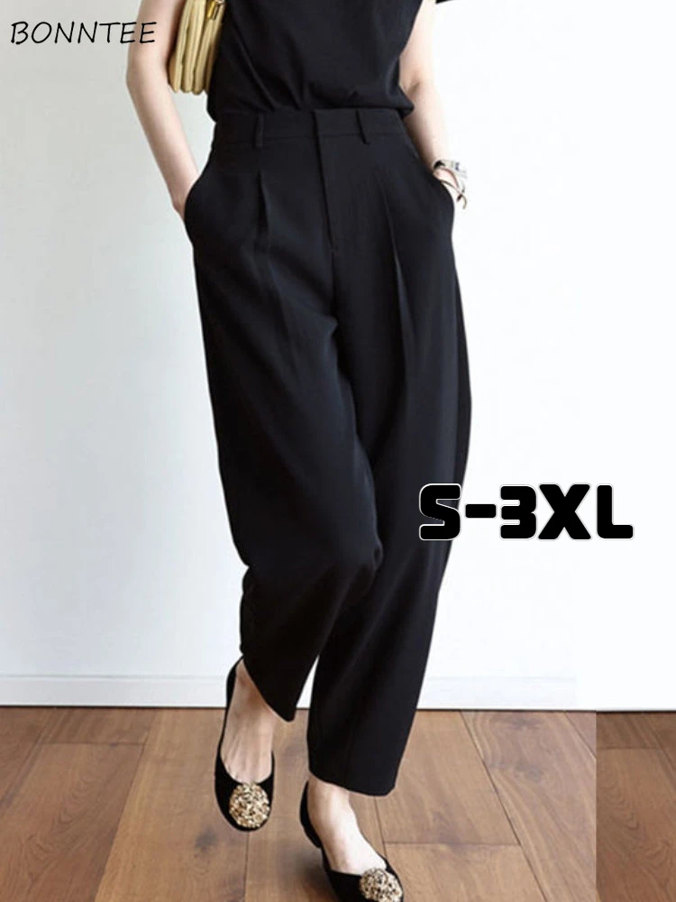 Harem Pants Women Ankle-length Loose Spring Elegant Office Lady Pure All-match Breathable Basic Trousers High Waist Korean Style