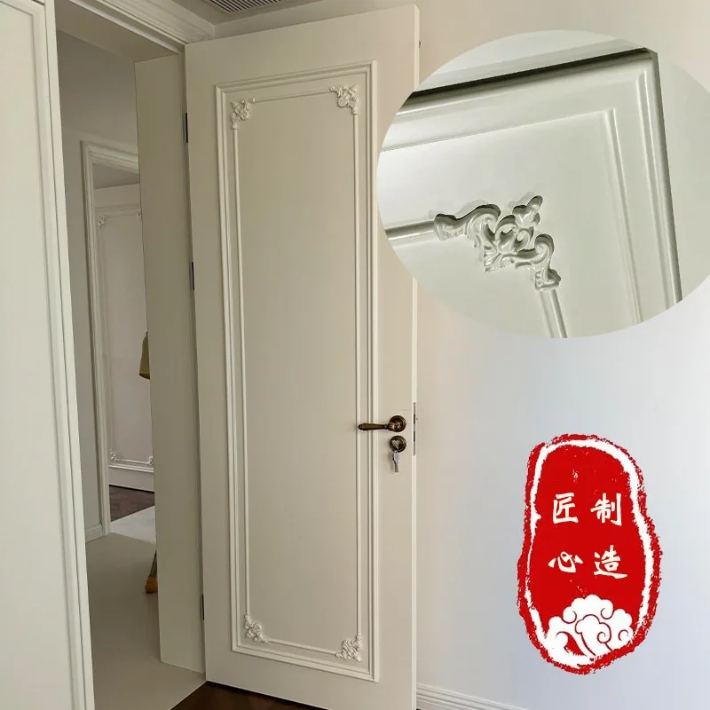 French retro carved buckle line wooden bedroom door cream wind paint interior