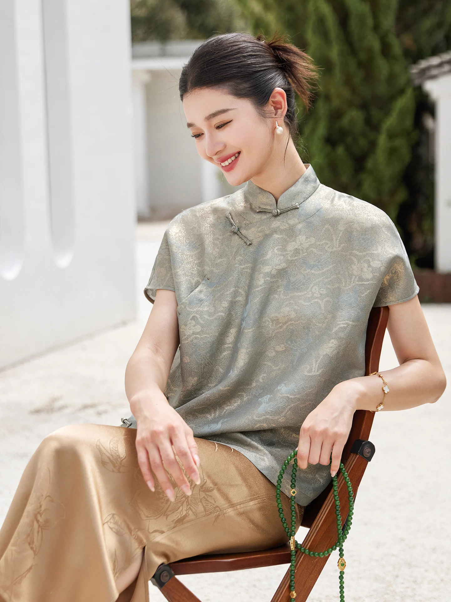 

Philosophy Tang шелковый винтажный китайский шлейф ручной работы с геометрическим узором женский ort Sve irt воротник-стойка на одной пуговице