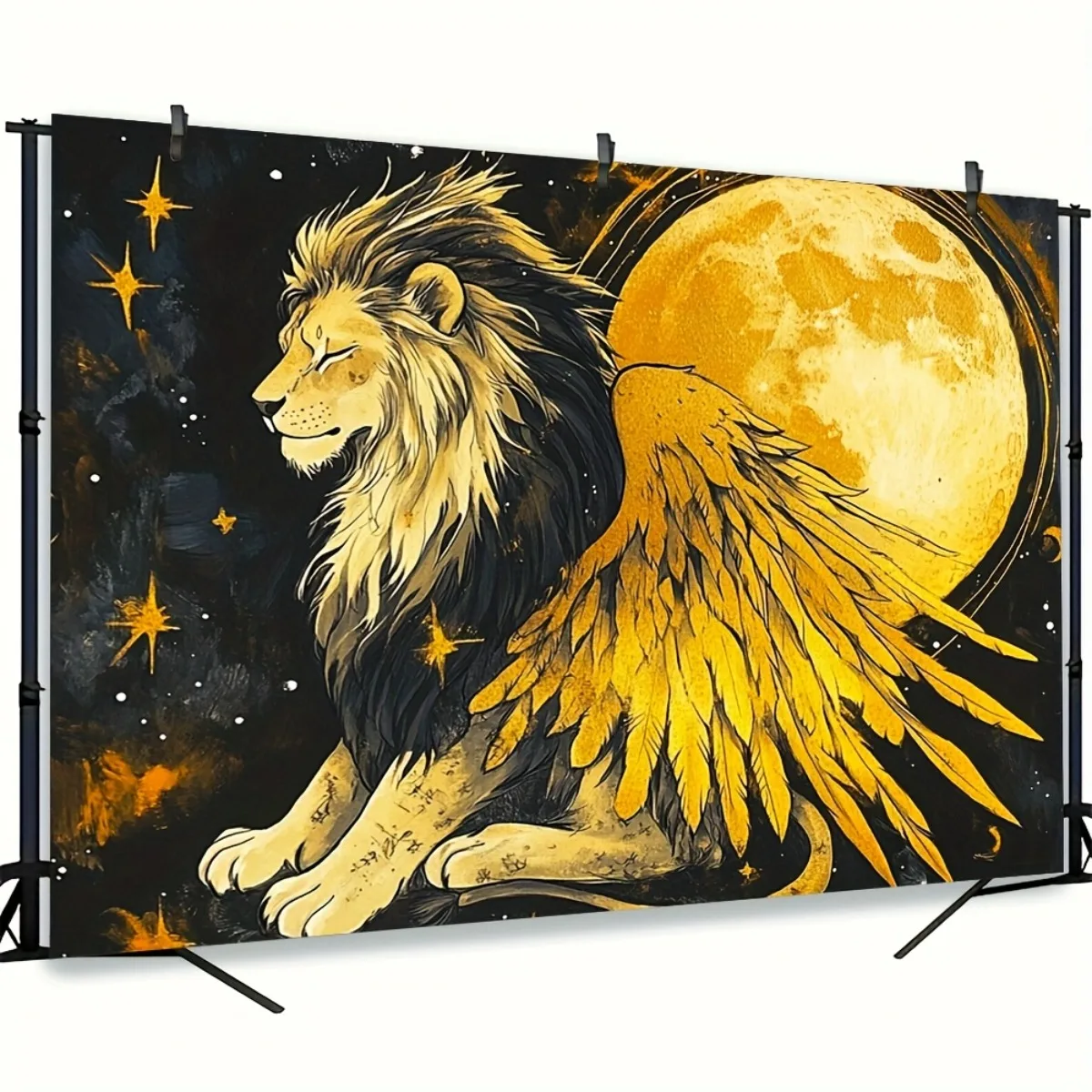 Giant Lion and Full Moon Tapestry Boho Celestial Wall Hanging Decor Golden Fantasy Art Print Mural Room Decoration 180x280cm