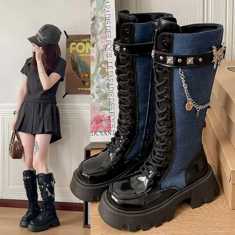 

Hot Selling Winter 2025 New Women Fashion Mid Tube Boots Lace Up High Platform Wedge Boots New Women's Fashion Solid Color Boots