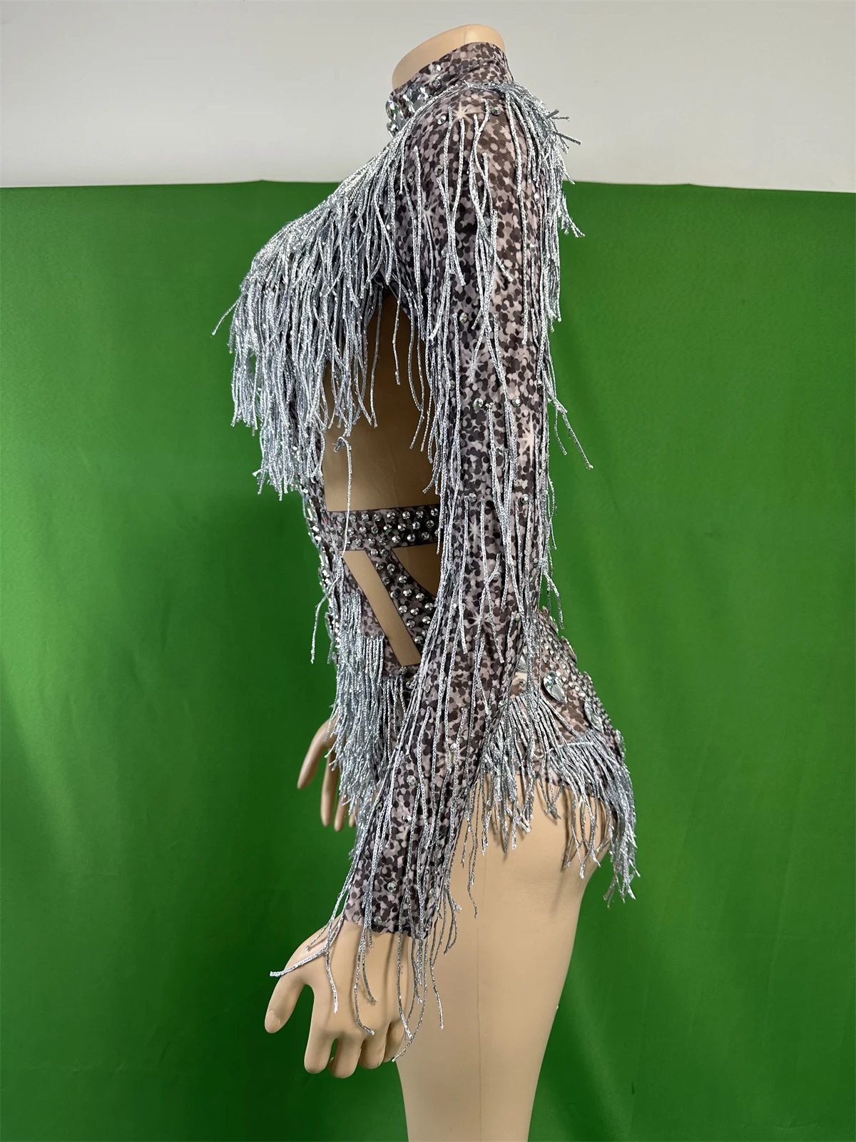 Frauen Silber Grau Fransen Glänzende Strass Elastische Dj Ds Gogo Nachtclub Bodys Pageant Dance Sänger Leistung Outfits