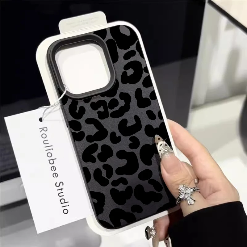 Minimalistische schwarze Leopardenmuster-Silikonhüllen für iPhone 17 14 15 16 Pro Max Plus, iPhone 13 12 11 15 8 XS XR Luxus-Cover – Detail 3