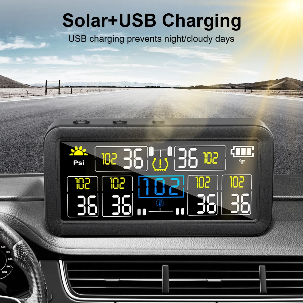 Solar TPMS 0~9.9Bar Truck RV Waterproof 4/6 External Sensors Car Tire Pressure Alarm Digital LCD Display