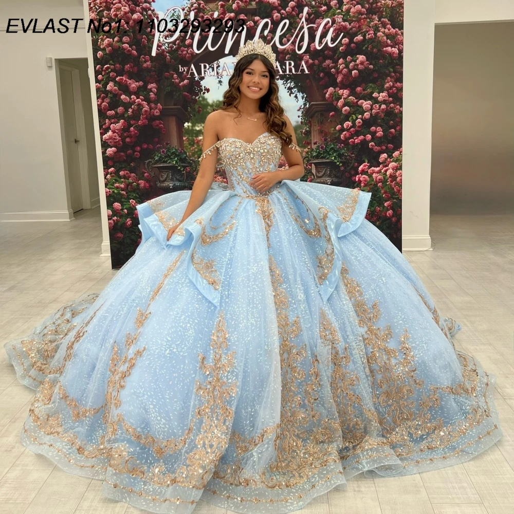 EVLAST Customized Mexican Sky Blue Qinceanera Dress Ball Gown Gold Lace Applique Beading Sweet 16 Vestidos De 15 Anos E1Q043