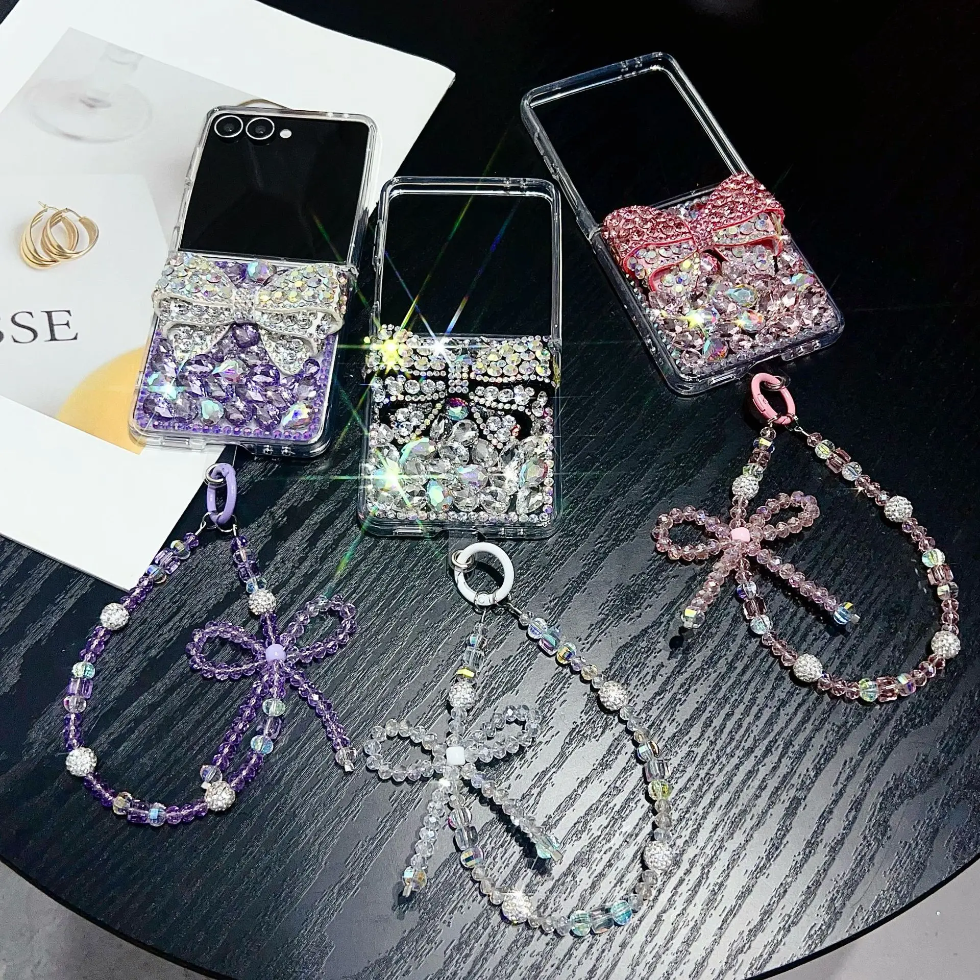 

For Samsung Galaxy Z Flip 7 FE 6 5 4 3 5G Fashion Cute DIY Bowknot Full Diamond Case Cover With Bling Pearl crystal Hand Strap