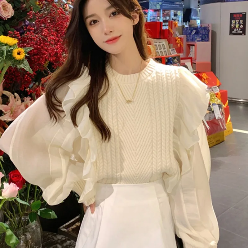 Pullovers Women Two Fake Pieces Sweaters Designs Knitwear Solid Slouchy Stylish Ulzzang Ruffles Elegant Temperament Harajuku New