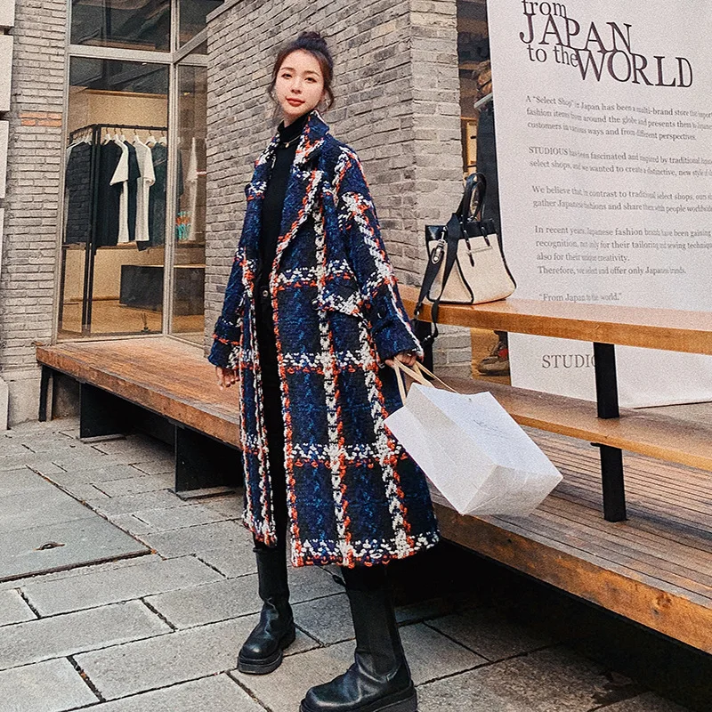 Plaid Woolen Overcoat Women Clothing Mid-Length 2023 Winter New Loose Jacket Thick Warm Top Tweed Outwear Lady Long-Sleeved Coat