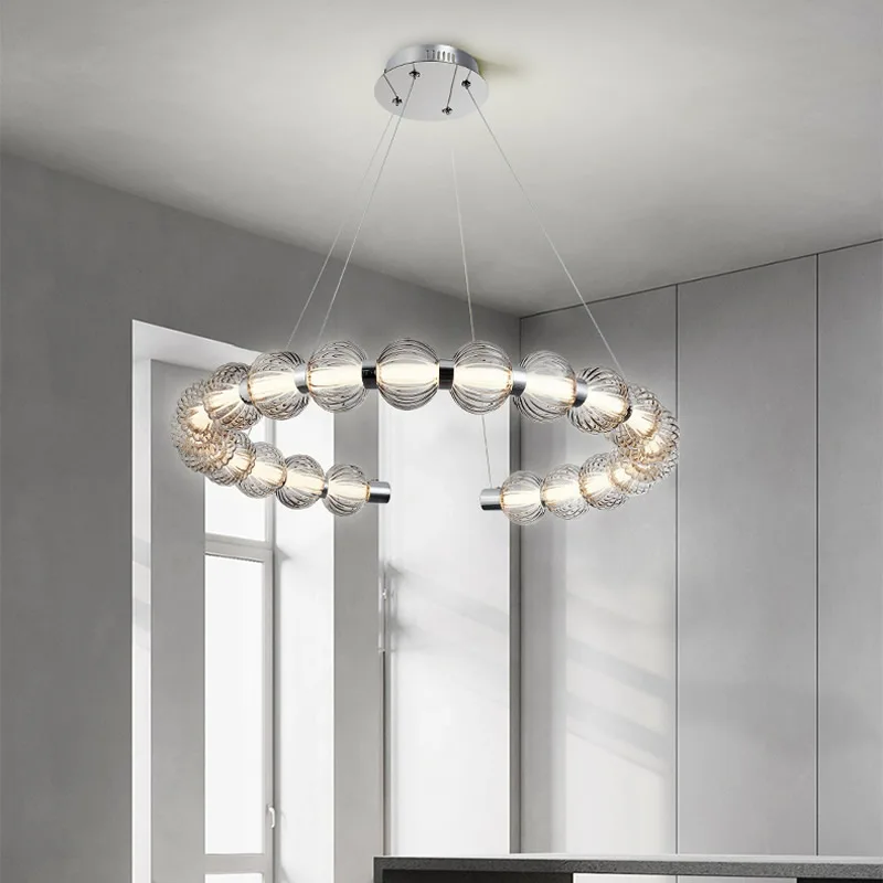 Circular Ring Chrome LED Chandelier Pearl Necklace Style Ceiling Haning Lights Living Dining Room Deco Lighting Luminaires