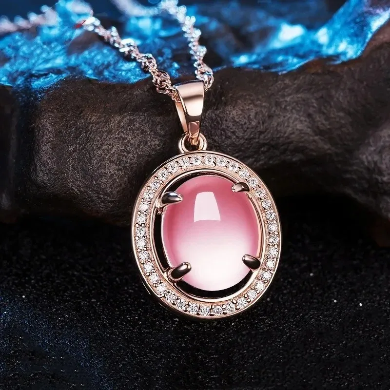 Natural Pink Chalcedony Water Drop Hand Carved Pendant Fashion Jewelry Women's Necklace
