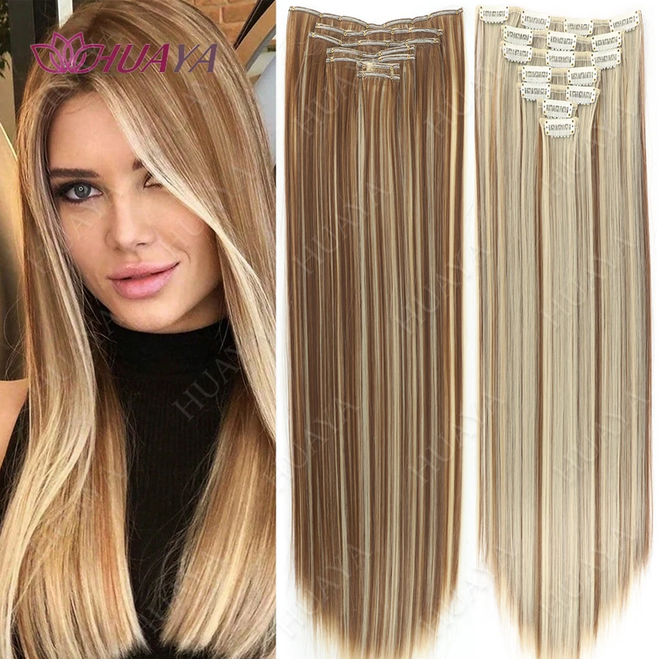 

24 дюйма, 7 шт./компл., натуральные черные/золотые прямые синтетические волосы на клипсе, подходят для ежедневного использования женщин и девочек