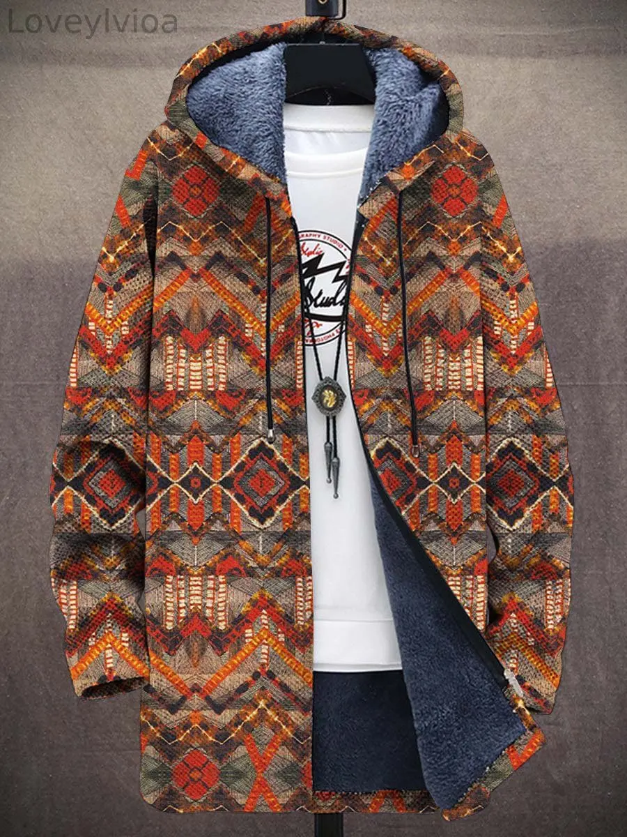 Unisex Retro Ethnic Art Pattern Plush Thick Long-Sleeved Sweater Coat Cardigan Hoodies Fleece Lined Zipper Coats