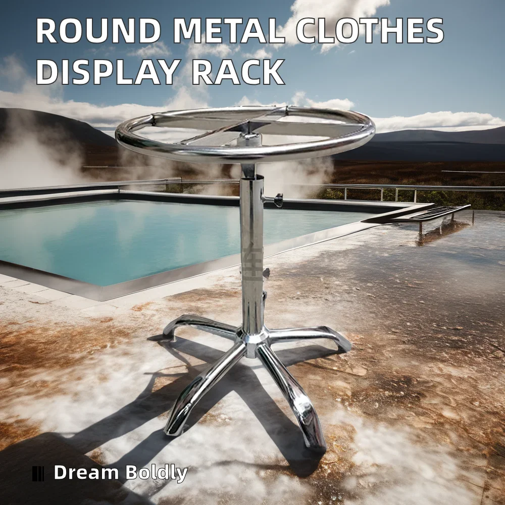 

Durable round Metal Clothes Display Rack Retail Floor Stand for Store and Exhibition Wood Glass Storage for Garment Display