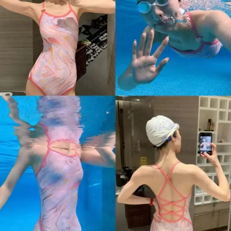 Beautiful Pink Tie Dye One Piece Swimwears Young Women Lovely Cute Racing Swimsuit Sweet Girls Korean Fashion Beach Bikinis Y2K