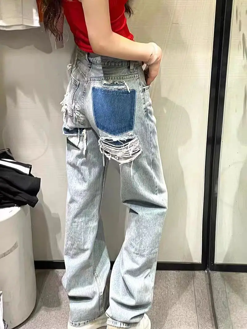 Jeans de bolso azul escuro baixo para mulheres, perna reta rasgada, decoração de rua, slim fit, lavado y2k, meninas, novo, 2024