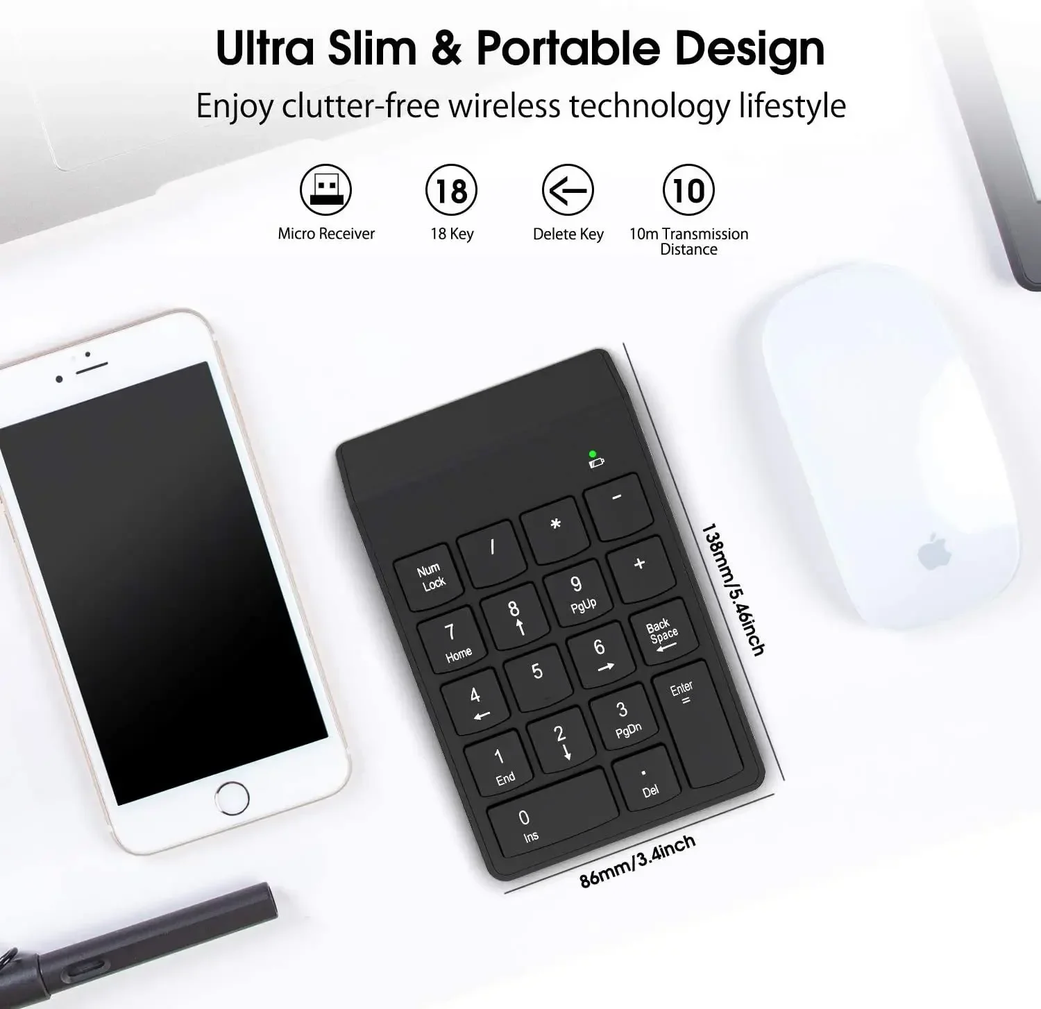 

Wireless Financial ACccounting Number Keyboard Portable 18 Keys Number Pads 2.4 GHz Numpad Numeric Keypad for Laptop PC Desktop