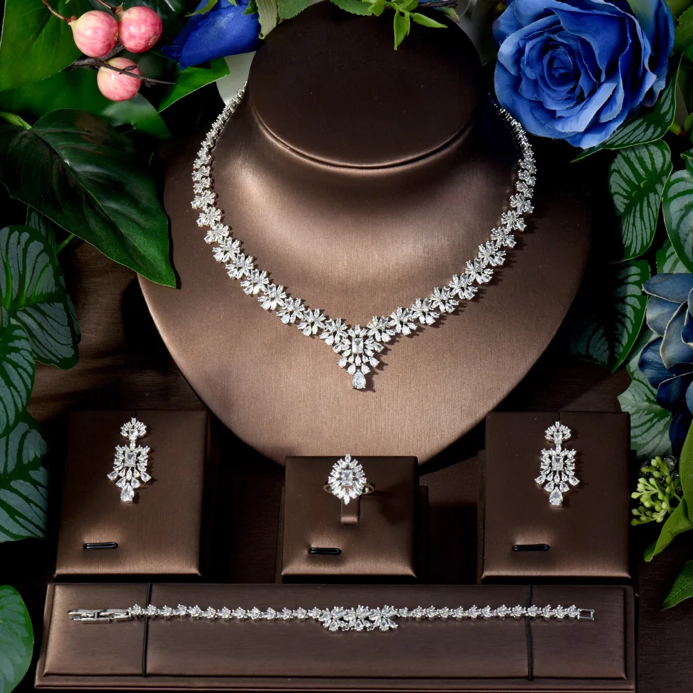 HIBRIDE Fashion 4 Piece Crystal CZ Jewelry Set For Women Party Wedding Nigeria Dubai Bridal Party Accessories Bijoux N-456