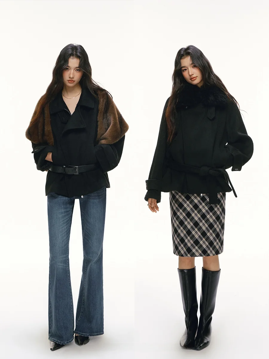 

Пальто Attia Glowy из утолщенной шерсти с отстегивающимся воротником и поясом для женщин, зимняя верхняя одежда