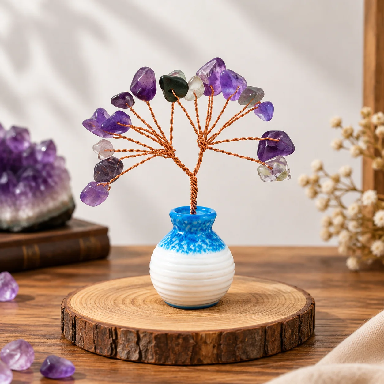 B10 5pcs Natural Crystal Tree Ornament Handmade Gemstone Money Tree Desktop Decor Feng Shui Home Office Decoration Gift