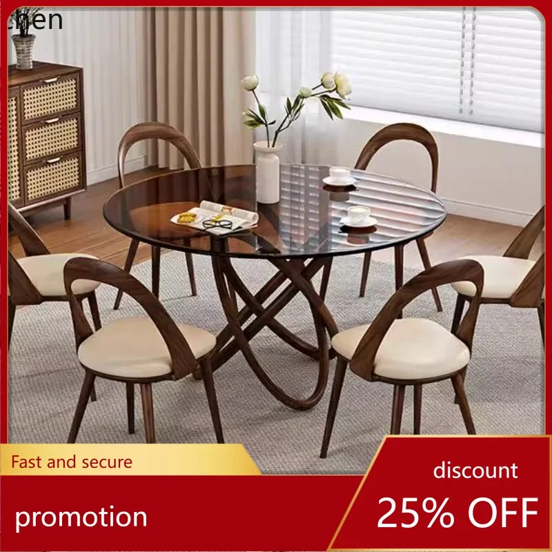 W5.19 Solid Wood Household Glass Dining Table and Chair Set with Rotating Dining Table