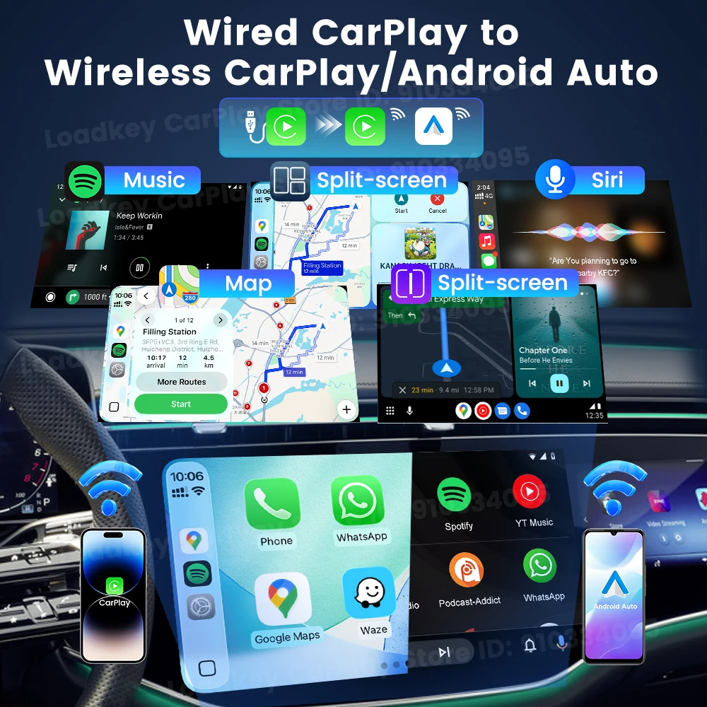 4 In1 Mini Car AI Box Convert Wired to Wireless CarPlay Android Auto Adapter AirPlay Miracast Screen Mirroring USB Plug&Play