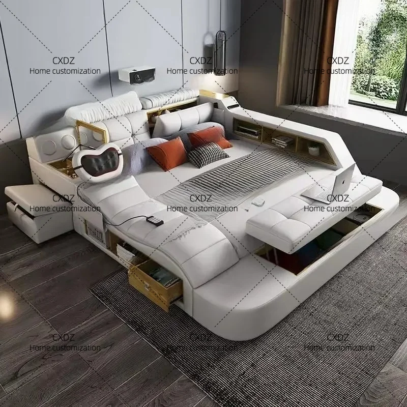 XX Modern Bed Storage Leather Projector  Massage Bed Tatami Wood Lit De Luxe Multifonctions Bedroom Accessories