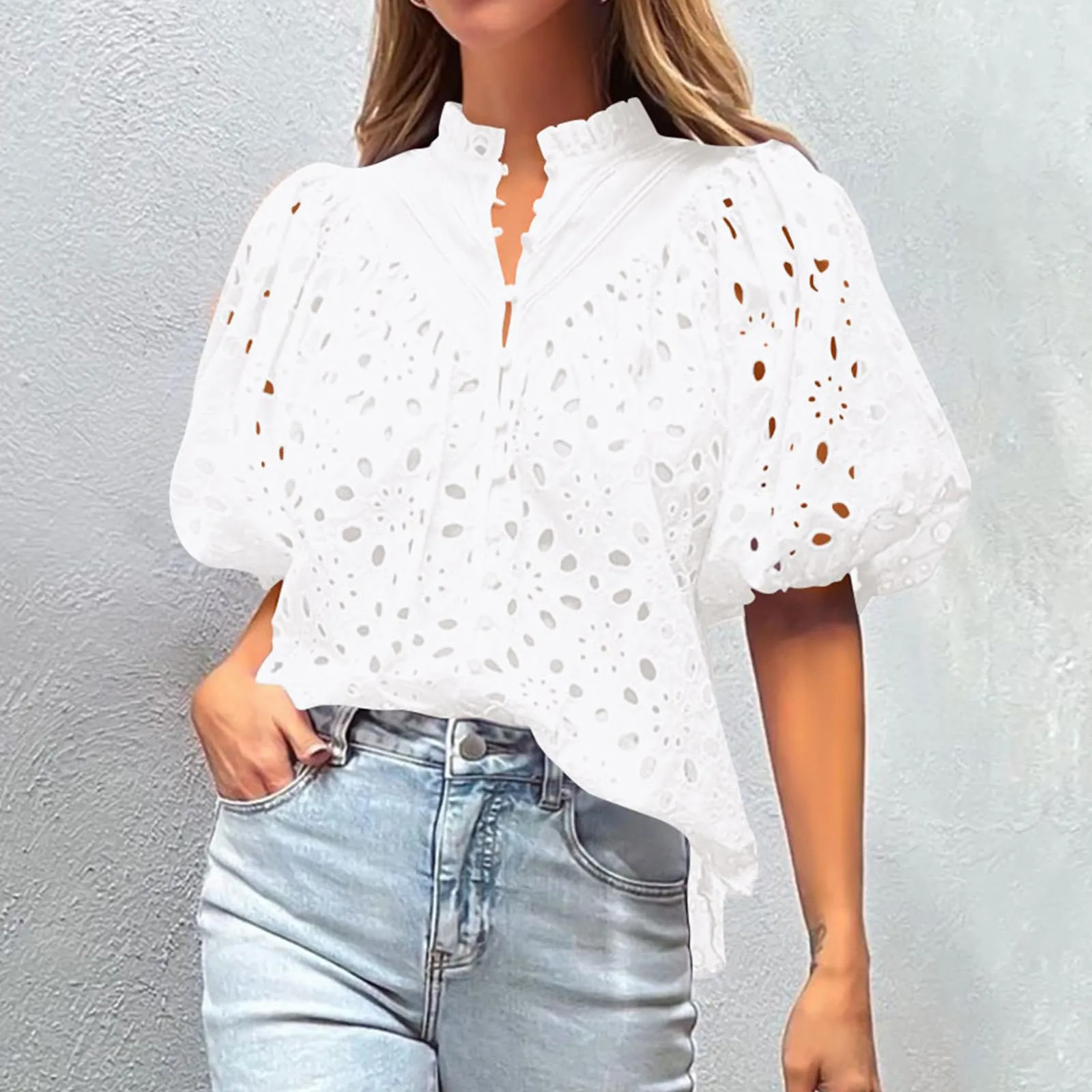 2024 Summer New Women\'s Shirt Fashion V Neck Lace Embroidery Hollow Shirt Blouse Top White Casual Lantern Sleeve Short Tops